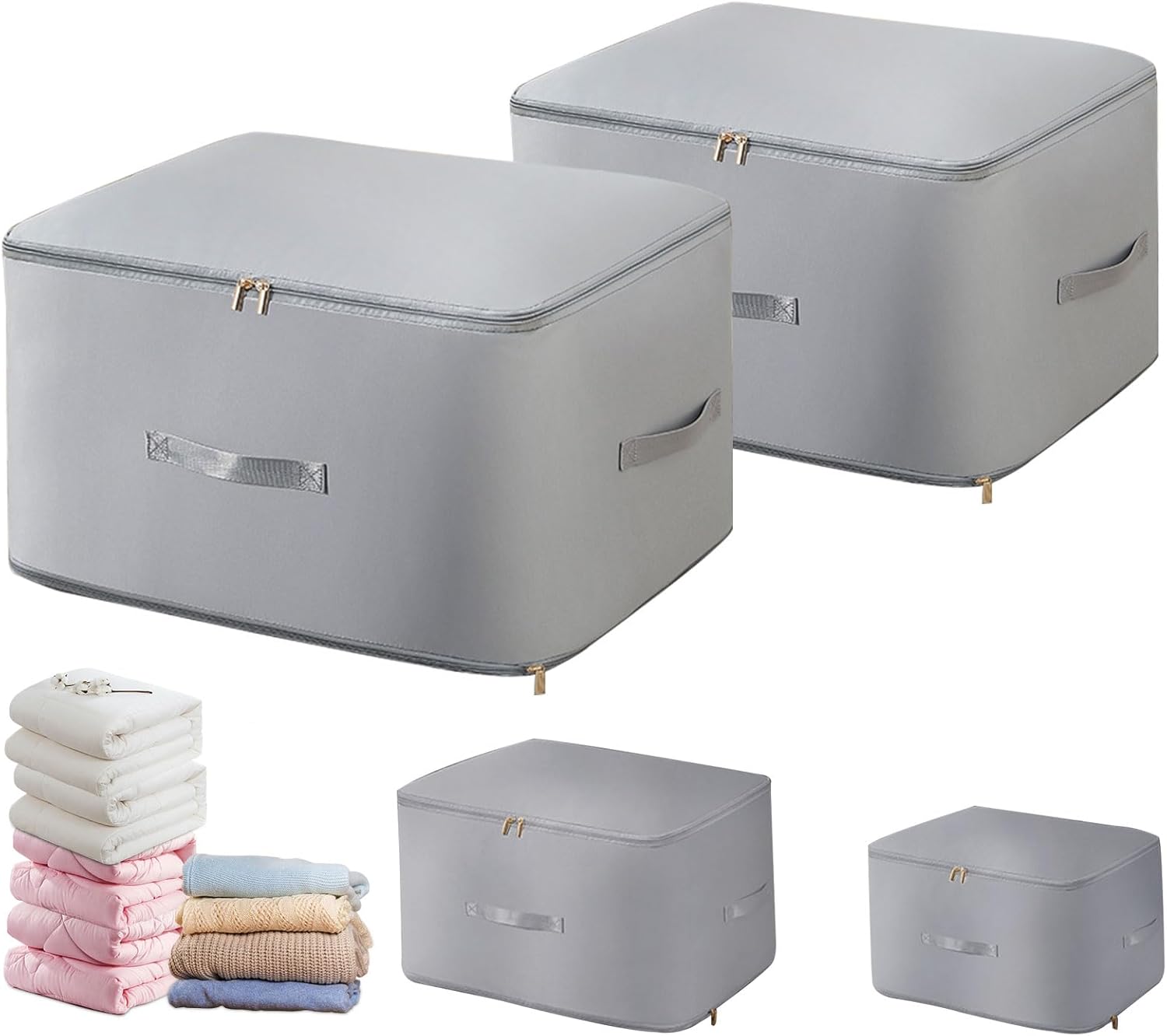 2pcs Grey X Large Capacity Ultra Space Saving Self Compression Organizer,Clothing Comforter Storage Bag with Zipper, Blanket Storage Bags for Space Saver,Moving Bags for Comforters,Bedding,Clothes