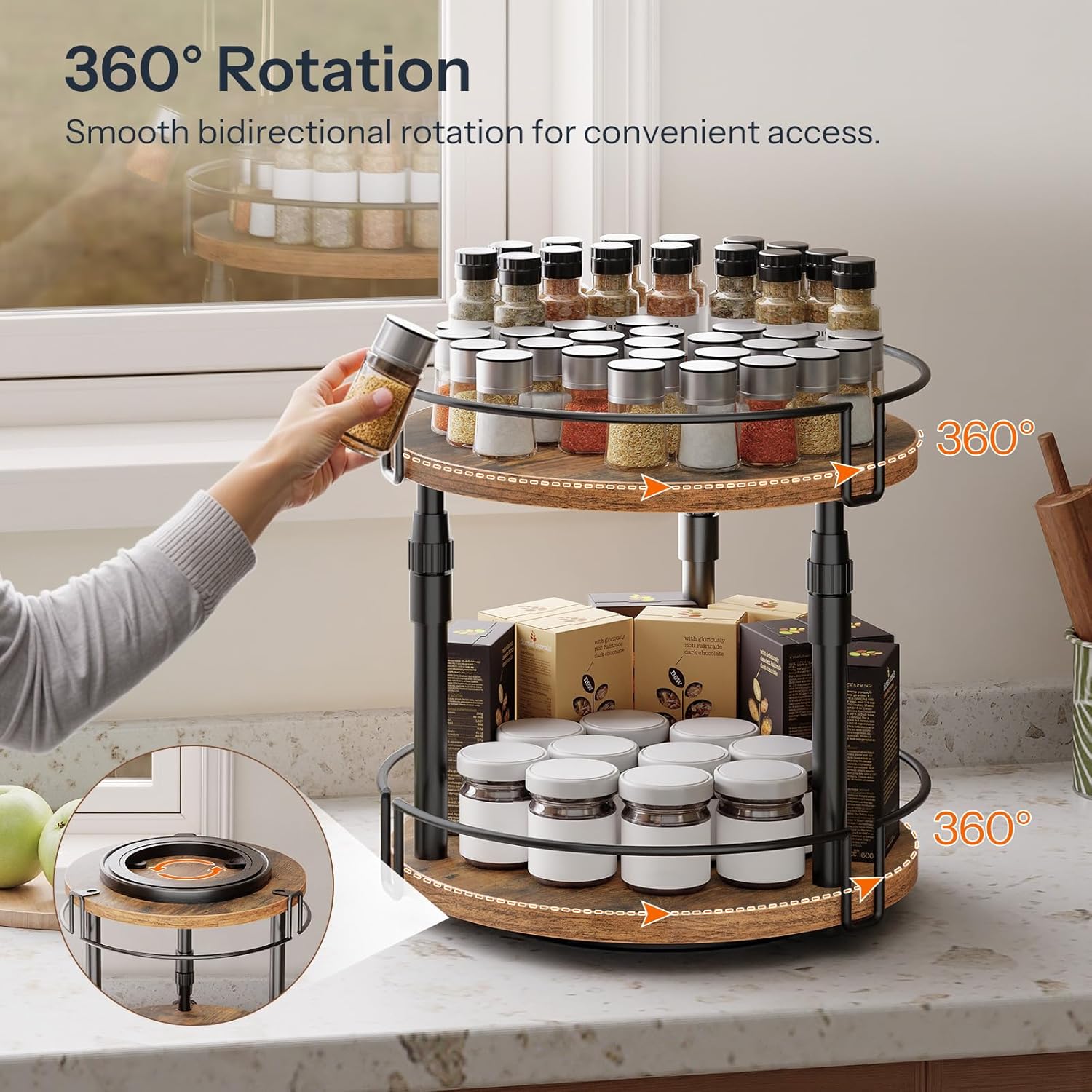 Lazy Susan Organizer Spice Rack, 2-Tier Height Adjustable Rotating Lazy Turntable Spice Organizer, for Kitchen Countertop and Cabinet, Rustic Brown BF05TL01 - Image 2