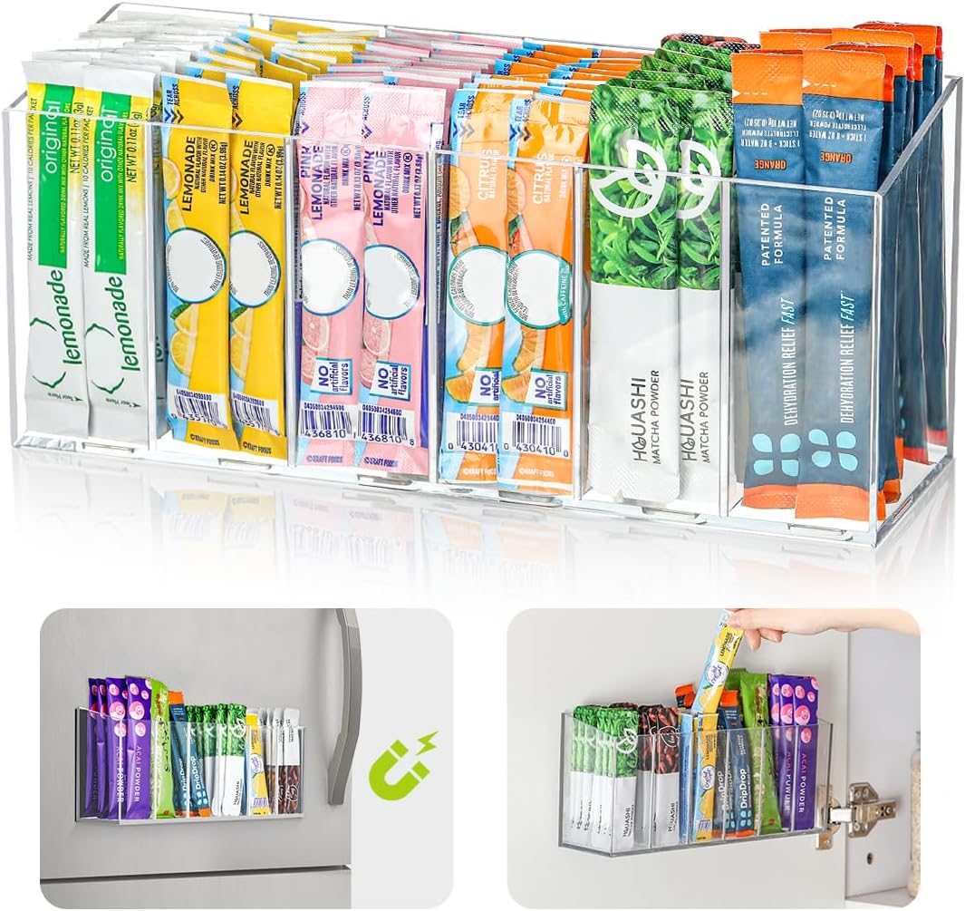 Drink Packet Organizer, Mountable Water Packet Organization Holder with Adhesive & Magnetic Sticker, Pantry Organizers Kitchen Storage for Countertop Table Fridge Cabinet