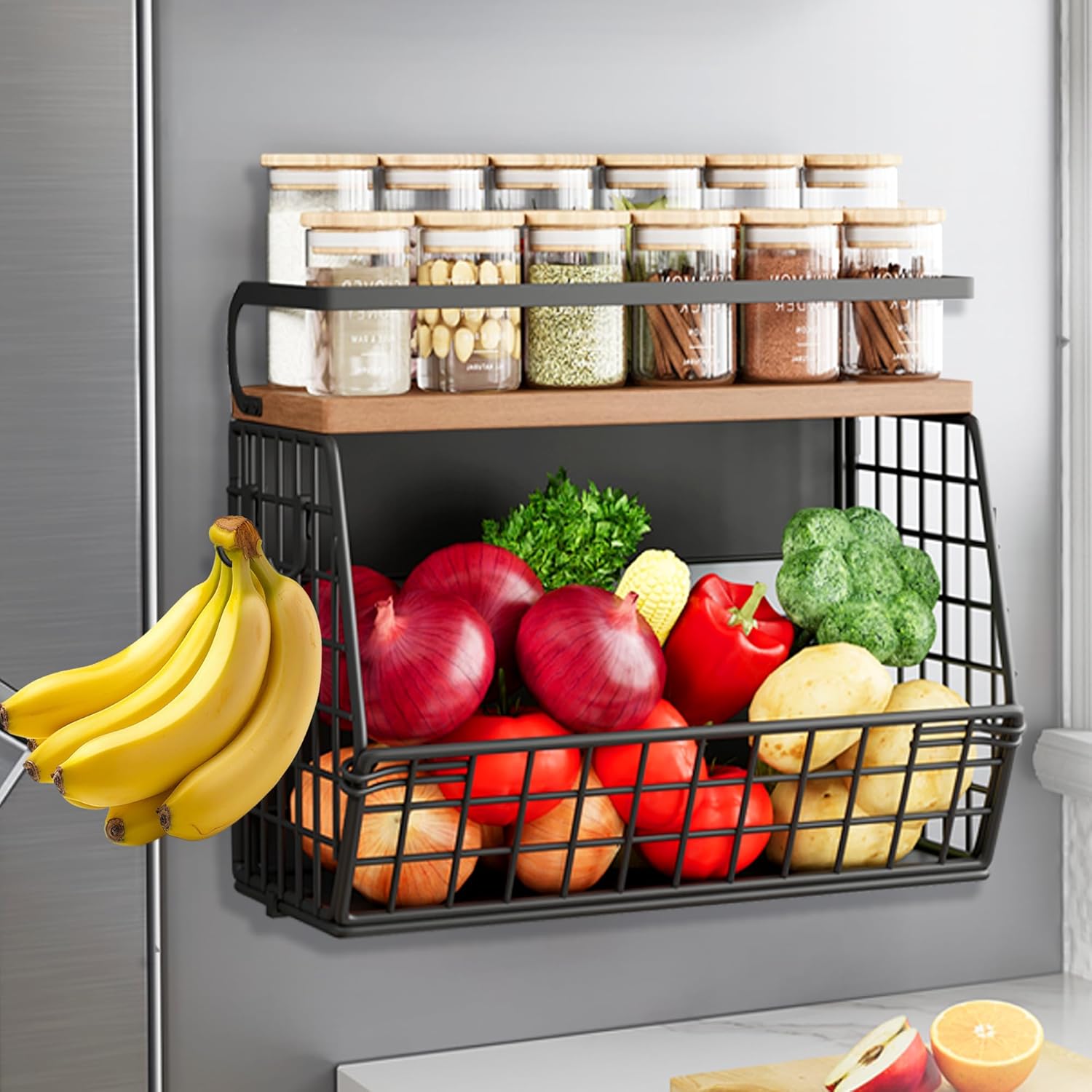 Magnetic Shelf for Fridge,Onion and Potato Spice Snacks Fruit and Vegetable Storage and Organizer,Wire Basket for Pantry,Kitchen Countertop,RV and Laundry